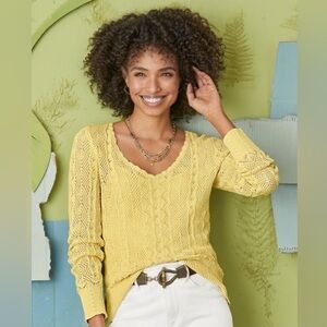 Sundance Women’s Lemonade Yellow Meadow Mornings Pointelle Knit V-Neck Sweater M